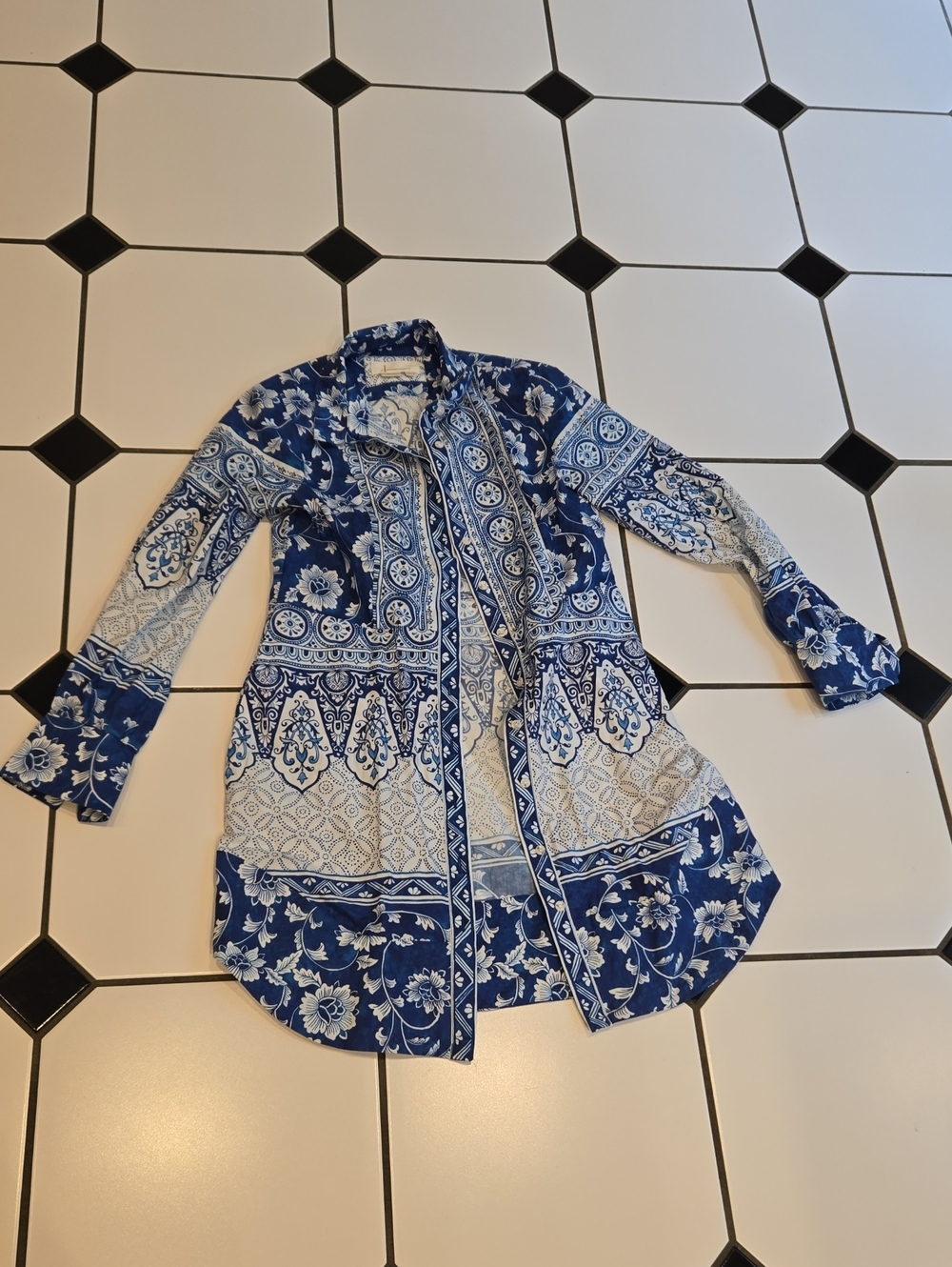 Anthropologie Blue & White Printed Longline Shirt Dress